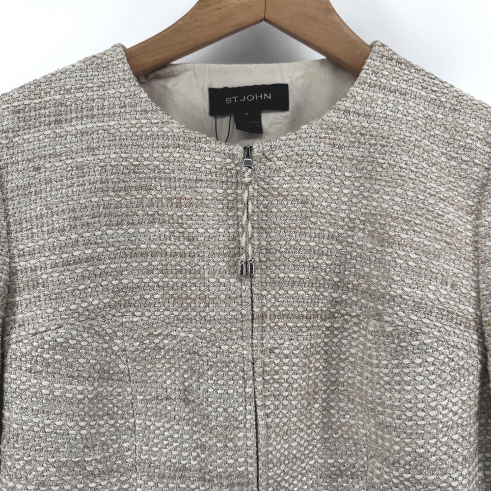 St John Champagne Peplum Metallic Tweed Zip Front Jacket Blazer Womens 8 Classic - Picture 3 of 10